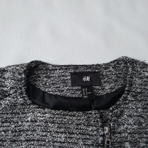 H&M Women's 8 Metallic Silver Heavyweight Boucle Tweed Zip Up Motorcycle Jacket - Picture 5 of 15